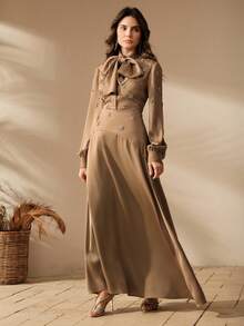 Anewsta 女士春夏系带衬衫上衣和缎面半裙两件套，优雅母亲节套装 - 咖啡棕 - 查看 2