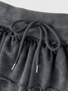 ROMWE Grunge Punk 音乐节辣妹水洗卫衣面料低腰蛋糕边迷你裙女装 - 深灰色 - 查看 3