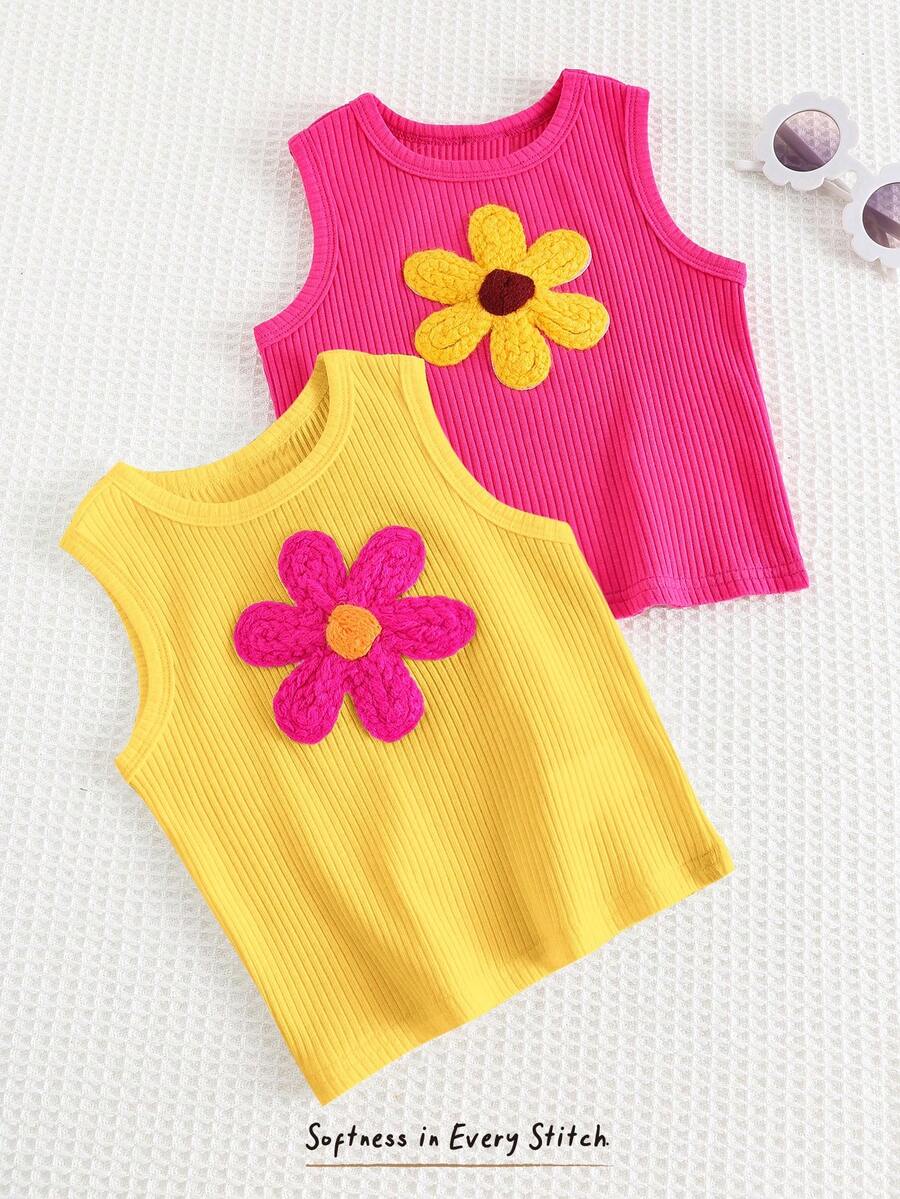 Cozy Pixies 2pcs Baby Girl Floral Print Soft Knit Sleeveless Crew Neck Vest Set - Multicolor - View 1