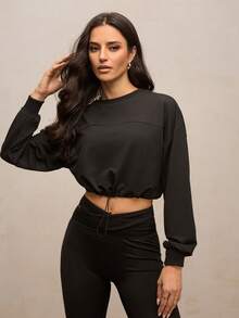 Activina Áo nỉ thể thao tay dài màu trơn có thể điều chỉnh viền dành cho nữ, dễ mặc, tiện lợi khi đi làm hàng ngày - màu đen - Xem 5