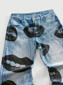 ROMWE MEN Street Life Fashionable Lip Print Personalized Men's Jeans - Light Wash - View 3