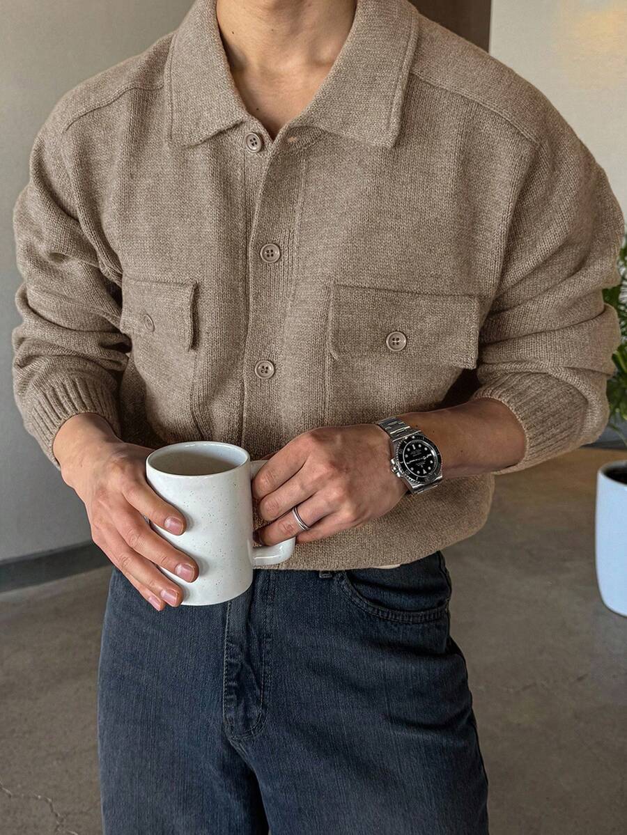 DAZY Solid Color Cardigan With Dual Chest Pockets Design, Khaki Men Sweater, Autumn - Khaki - View 1