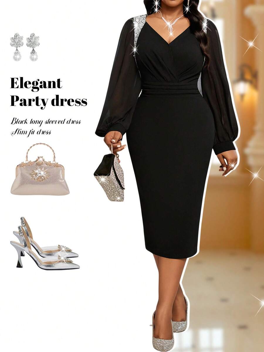 Fleurora 大码女士优雅V领修身黑色派对连衣裙