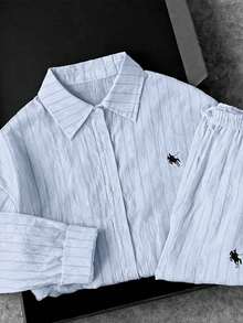 Franclia Women's Casual Striped Embroidered Sun Protection Shirt And Loose Pants 2 Pieces Set, Summer - Blue - View 6