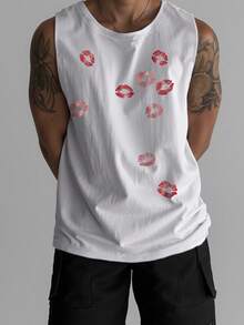 Manfinity EMRG Men's Lip Print Round Neck Casual Fitted Tank Top - White - View 1