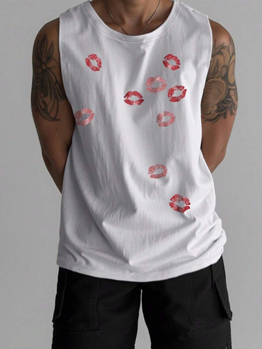 Manfinity EMRG Men's Lip Print Round Neck Casual Fitted Tank Top - White - View 1