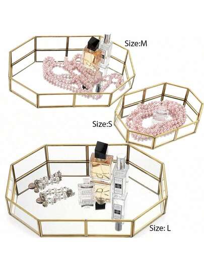 1/3pcs Mirror Glass Vanity Decorative Tray Decor Gold Ornate Makeup Vintage Octagonal Perfume Dresser Jewelry Trinket Organizer For Bathroom Storage Home Decor, Perfect Gift For Commemorative Day, Wedding, Birthday, Anniversary, Father's Day, Teacher's Day