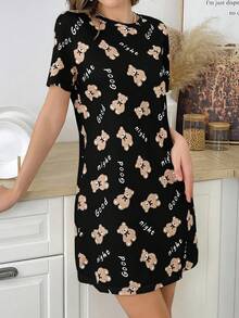 女士舒适小熊字母印花睡裙，哞哞睡衣 - 黑色 - 查看 3