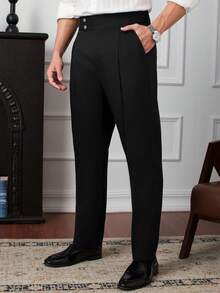 Manfinity Homme Men's Solid Color High Waist Pocket Casual Office Commute Suit Pants For Ceremony - Black - View 7