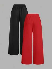 SHEIN EZwear 2件套女士休闲纯色阔腿运动裤 - 紅色 - 查看 2