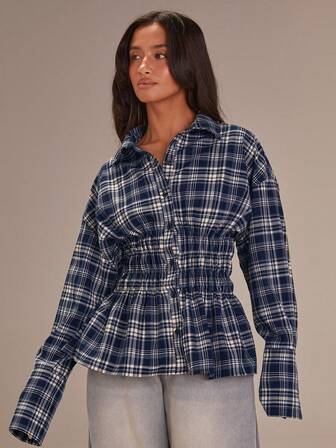 Athîral Women's Blue Plaid Pleated Collar Shirt With A Cinched Waist, Comfortable And Soft Woven Fabric, Featuring A Fitted Waist Design,Plaid Tops,Blue Top,Casual Women Outfits,Casual Outfit For Women
