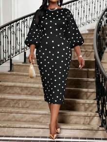 Fleurora 大码优雅爱心印花灯笼袖连衣裙，秋季 - 金色 - 查看 6