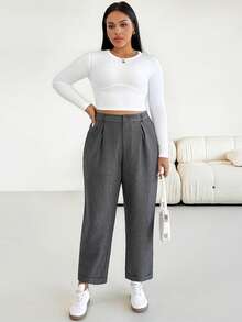 SHEIN Essnce 大码女装秋冬时尚休闲宽松舒适日常百搭灰色弹力腰锥形裤，女式下装，工作裤，简约风格 - 灰色 - 查看 5