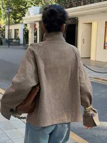 Elyressa Plaid Print Stand Collar Button Front Elegant Long Sleeve Jacket