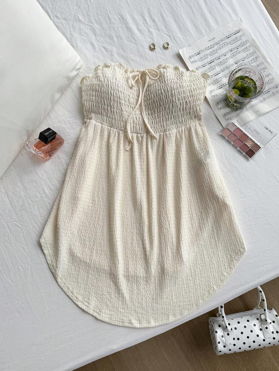 Comfortcana Áo ống ren khoét sâu cỡ lớn buộc dây phía trước viền bất đối xứng, phù hợp cho mùa xuân và mùa hè - trắng - Xem 1