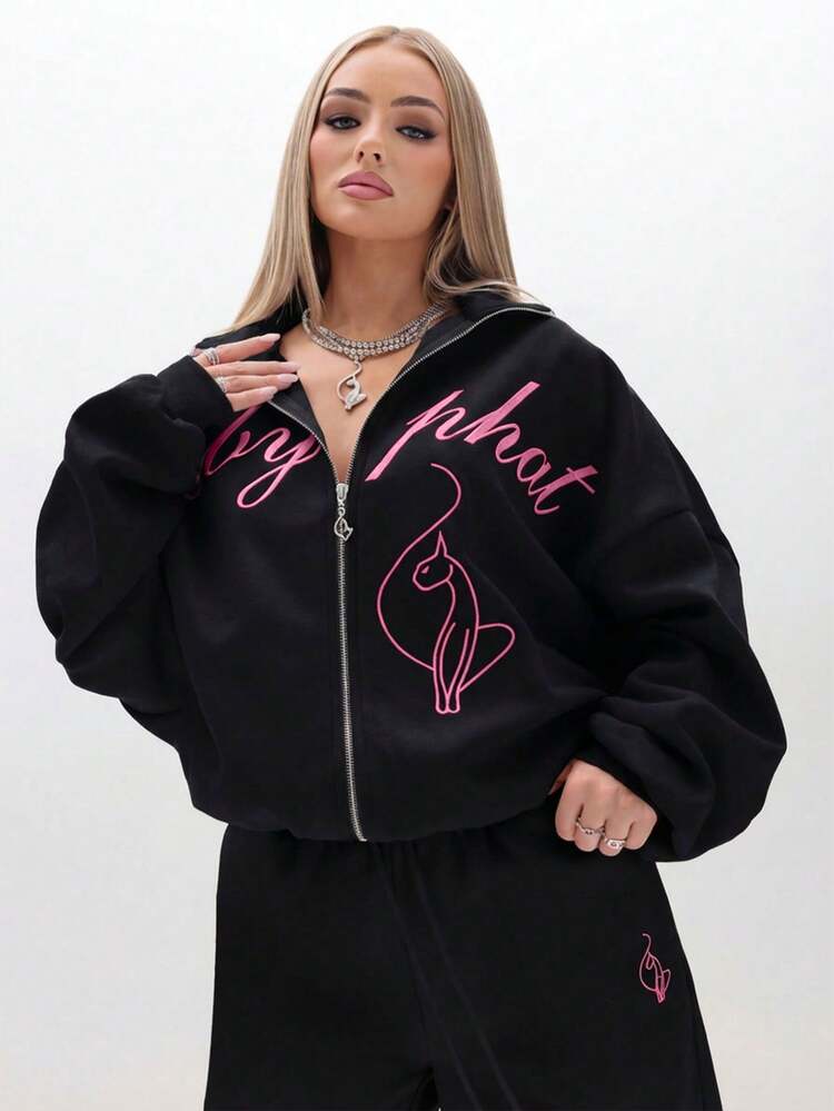 BABYPHAT Sweat-shirt-shirt oversize zippé pour femmes avec imprimé en script. Sweat-shirt-shirt pull, vêtement d'intérieur décontracté pour l'hiver