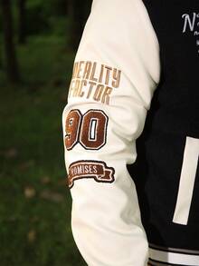 Logeqi® Hombres Chaqueta de béisbol informal vintage Abrigo acolchado grueso otoño/invierno vintage informal con Letras bordados y frases de 2 bolsillos inclinado sencilla de Color Negro y Beige - Negro - Ver 10