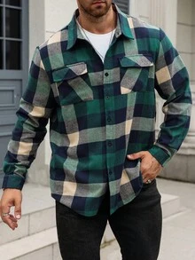 EGENSIO 加大码男士格子口袋翻领单排扣休闲通勤长袖衬衫 - 墨綠色 - 查看 5