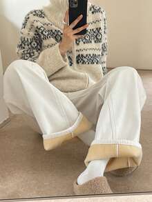 DAZY 女士复古水洗直筒牛仔裤，高腰显瘦，带保暖内衬，秋冬款 - 白色 - 查看 7