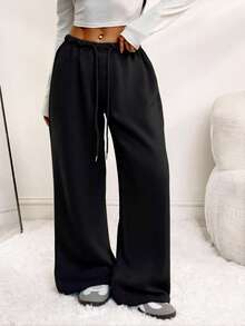 SHEIN PETITE 女士休闲前系腰宽松运动裤，适合春夏穿着，日常穿着及返校季皆宜 - 黑色 - 查看 4