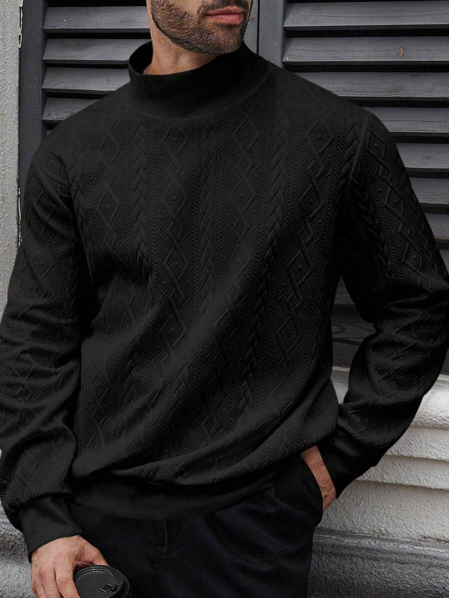 Manfinity Homme 加大码男士提花立领休闲套头卫衣，适合日常通勤穿着 - 黑色 - 查看 1
