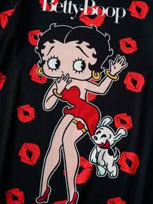 Betty Boop x SHEIN 女士休闲唇印人像图案圆领短袖睡衣连衣裙，夏季，Moo Moo 睡衣连衣裙卡通人物衬衫女士卡通衬衫宽松T恤 - 黑色 - 查看 5