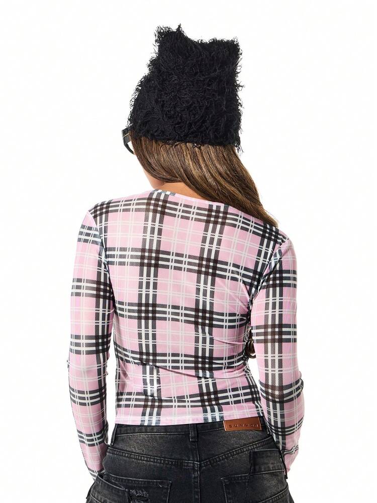 SUMWON WOMEN Top w kratę z długim rękawem i okrągłym dekoltem