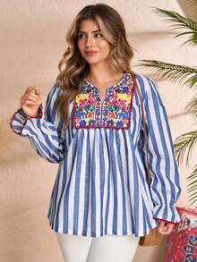 EMERY ROSE Damen Große Größen Lässig Urlaubs Bluse mit besticktem Kragen, Langarm, Spitzen-Patchwork und Streifen