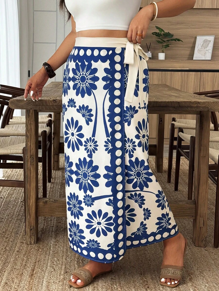 Weeklong 大码女式花卉波点印花裹身系带半身裙，沙滩度假风 - 彩色 - 查看 1