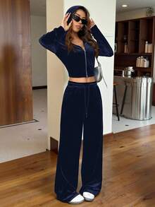 SHEIN EZwear Navy Blue Velvet Rhinestone Letter Hoodie & Pants Women Sports Suit Jogger Sets For Women Two Piece Set Women Comfy 2 Piece Lounge Sets Woman 2 Piece Casual Sets Woman Women S Lounge Set Blue 2 Piece Set Women - Royal Blue - View 6
