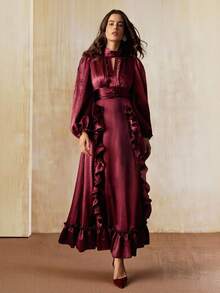 Anewsta Neues Maxikleid mit Rüschenärmeln und Rüschensaum, elegant im Vintage-Stil - Violett - Übersicht 6