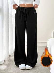 SHEIN PETITE 2-Way 羊毛女式抽绳腰直筒宽松休闲裤 - 黑色 - 查看 1