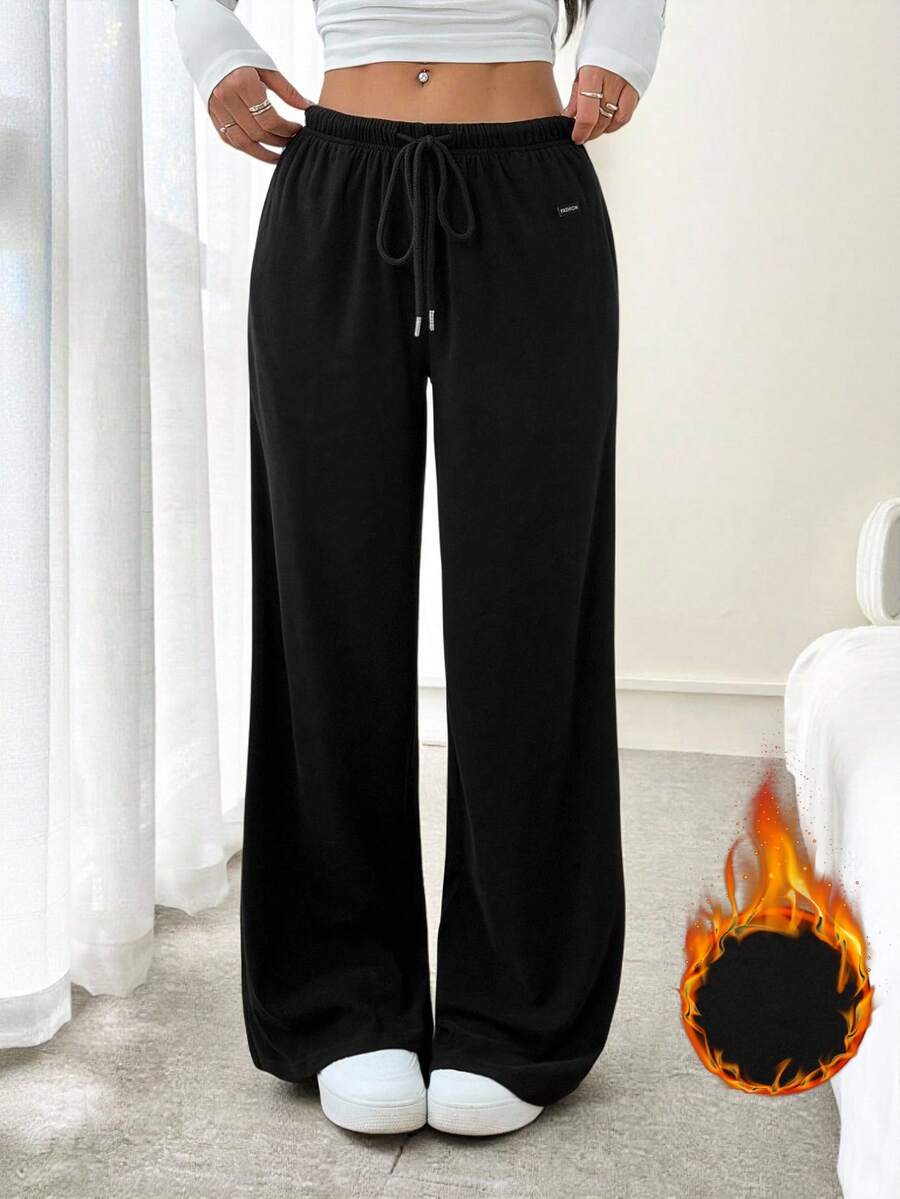 SHEIN PETITE 2-Way 羊毛女式抽绳腰直筒宽松休闲裤 - 黑色 - 查看 1