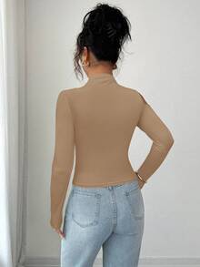 秋季新款修身镂空长袖T恤，黑色 - 駝色 - 查看 2