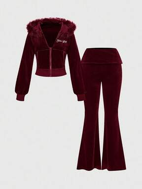 Grunge Punk Y2K Velvet Rhinestone Graphic Cropped Hoodie & Low-Rise Flare Pants 2 Pieces Set For Women