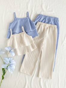 Vintaside Kids 4件套女童休闲个性魅力吊带背心搭配宽松飘逸阔腿裤，粉色和米色，适合日常外出、度假和休闲穿着