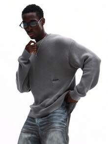Maglione girocollo a costine SUMWON da uomo con logo frontale, casual, a maniche lunghe, oversize, in maglia grigia tinta unita per l'autunno e l'inverno - Grigio - Visualizzare 5