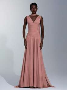 Elitara 优雅酒红色亮面网纱V领褶皱超大A字裙（可拆卸吊带雪纺荷叶边），适合约会、单身派对、婚礼、正式场合、伴娘礼服 - 藕粉色 - 查看 7