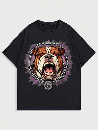Anime Herren Lässig Hunde-Muster Rundhals Kurzarm T-Shirt, Sommer