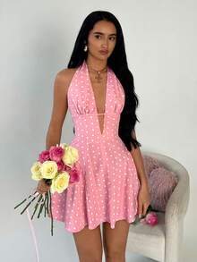 TRNVIE Damen sexy Polka Dot Muster rückenfrei Neckholder Mini Kleid, Sommer
