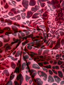 ROMWE Y2K Camiseta de tirantes ajustada con estampado de leopardo, cadena metálica y strass para mujer de talla grande - Rosa Fucsia - Ver 4