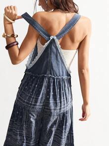 Bohemela 音乐节、假日、派对休闲牛仔拼接阔腿连体裤（女款） - 藍色 - 查看 6