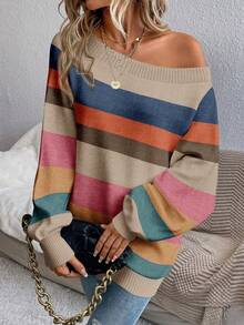 EMERY ROSE Plus Size Women's Colorblock Off-Shoulder Casual Pullover Sweater, Suitable For Parties, Autumn/Winter Spring