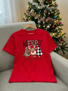 Camiseta de manga corta con cuello redondo, adornada con estampado, para ropa de Año Nuevo, camisetas gráficas para mujeres - Rojo - Ver 1