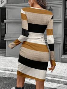 SHEIN LUNE 女士休闲秋季长袖褶皱腰身修身优雅罗纹短连衣裙，秋冬款，休闲百搭 - 彩色 - 查看 2