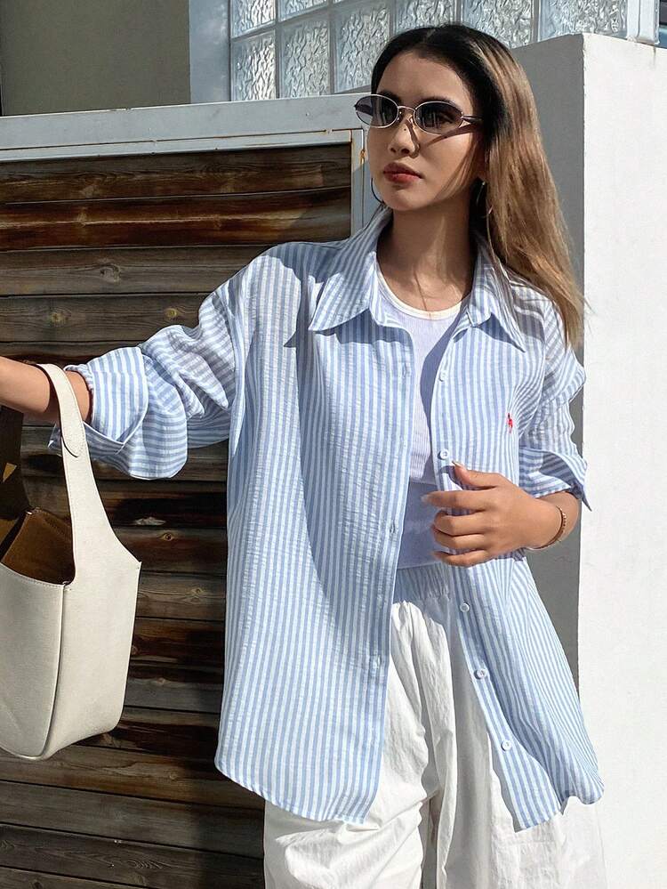 Women's Elegant Formal Blouse With Contrast Striped Pattern Embroidery, Loose Turndown Collar Long Sleeve, Suitable For Spring And Autumn