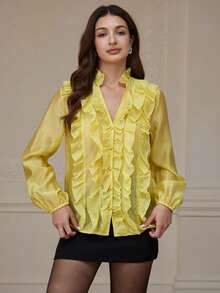 Revavyn Women's V-Neck Layered Ruffle Trim Loose Sheer Luster Long Sleeve Blouse - Yellow - View 6