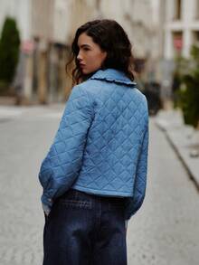 lacRébo Áo khoác chần bông màu hồng bụi mùa thu có cổ nhún bèo và nút cài phía trước dành cho nữ mùa thu đông - Màu xanh lam - Xem 7