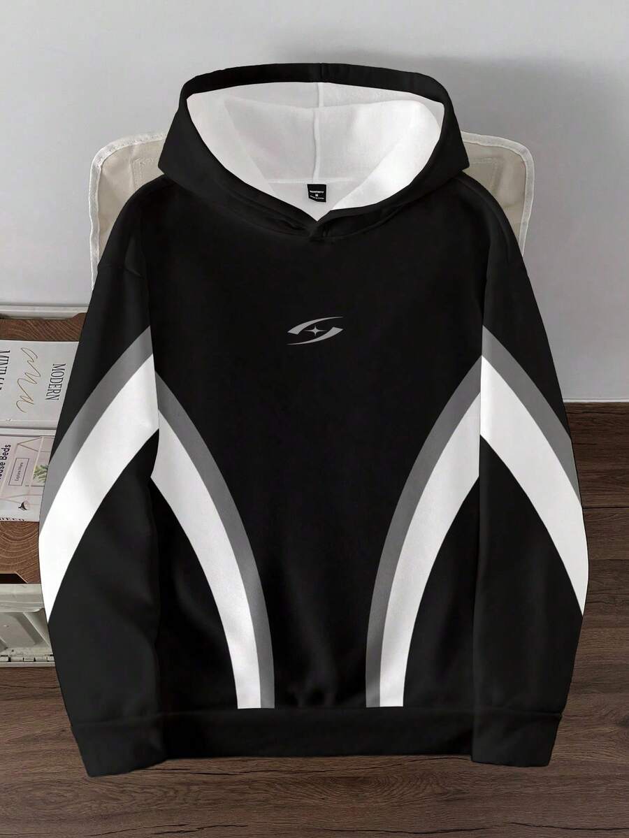 Manfinity Joysei Farbblock, gekrümmter Patchwork Lässig Allover Muster Loose Fit Pullover Hoodie für Herren, Langarm Oberteil - Schwarz und Weiss - Übersicht 1