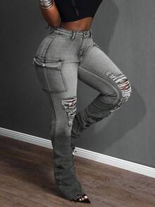 Slaydiva Quần jeans nữ cỡ lớn kiểu cao bồi, thun, rách túi, cá tính, thích hợp cho mùa xuân. - Màu xám đen - Xem 4